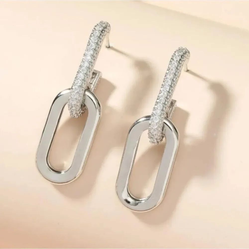 Silver Diamond Chain Link Earrings - Picture 2 of 3
